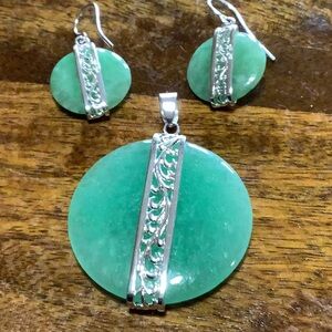 Green Jade And SS 925 Pendant and Earring Set.